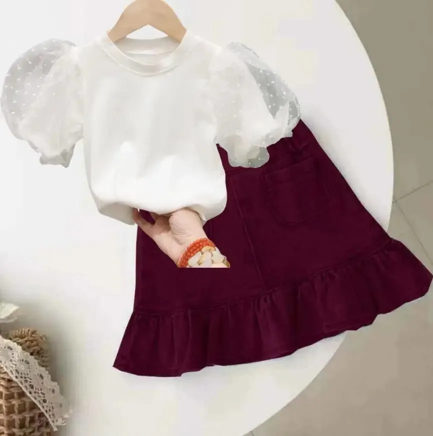 2024 Children Girls Seersucker Short-sleeved T-shirt   Denim Skirt Summer Ruffled Fishtail Jean Skirt 2 Pcs Clothing Sets