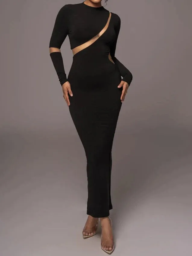 A&A Long Sleeve Mesh Insert Bodycon Maxi Dress