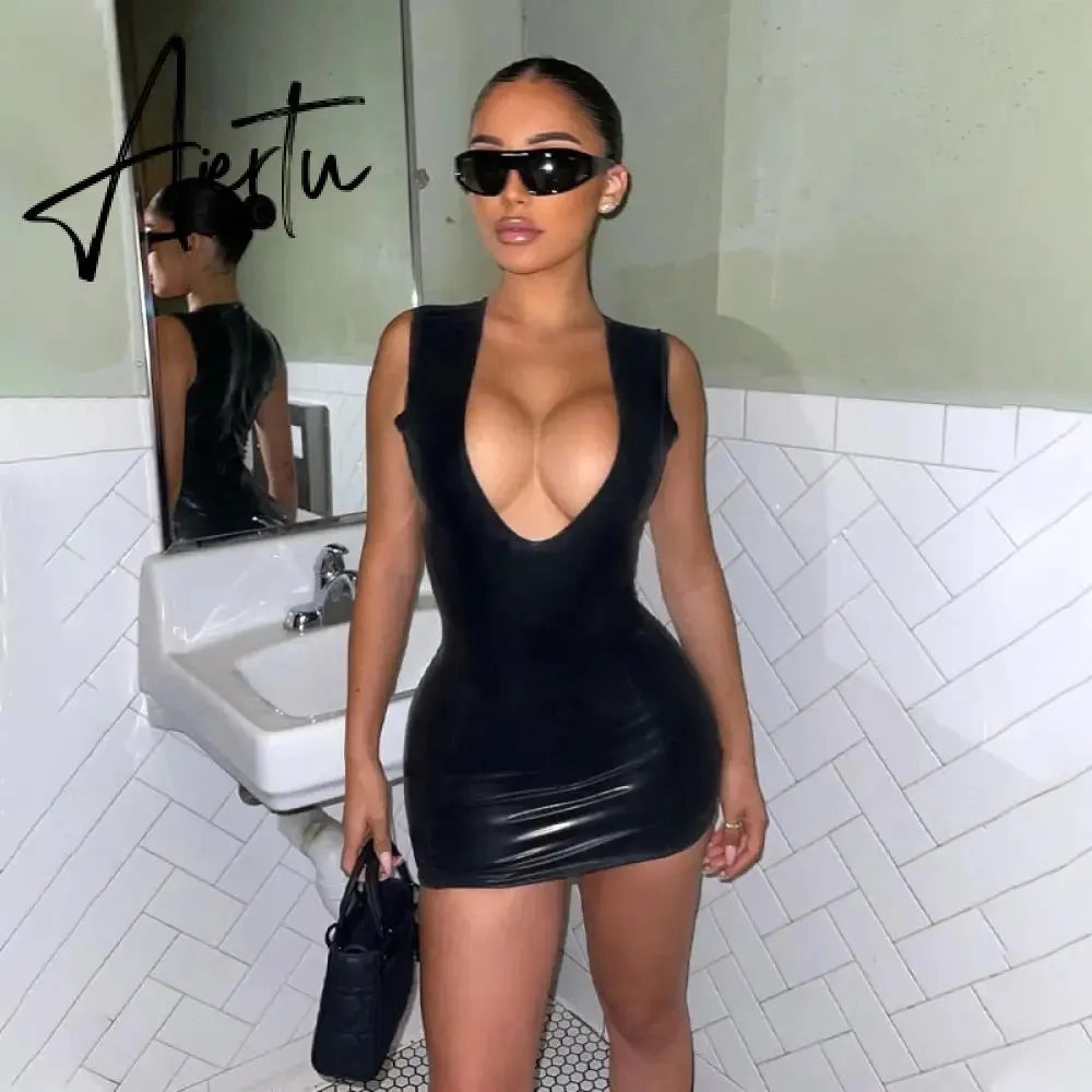Aiertu   Pu Leather V Neck Sleeveless Bodycon Slim Sexy Revealing Mini Dress Fall Winter Women Christmas Halloween Party