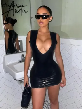 Aiertu   Pu Leather V Neck Sleeveless Bodycon Slim Sexy Revealing Mini Dress Fall Winter Women Christmas Halloween Party