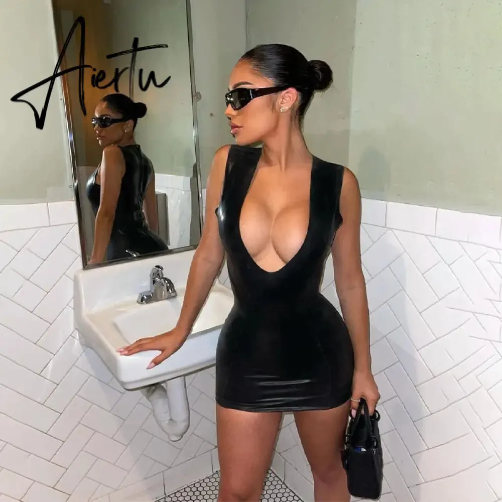 Aiertu   Pu Leather V Neck Sleeveless Bodycon Slim Sexy Revealing Mini Dress Fall Winter Women Christmas Halloween Party