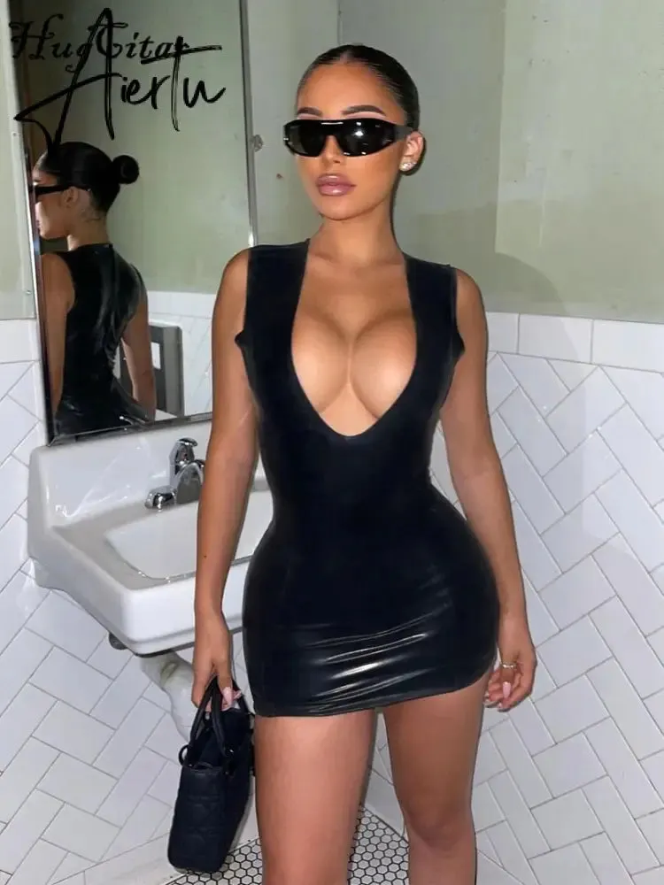 Aiertu   Pu Leather V Neck Sleeveless Bodycon Slim Sexy Revealing Mini Dress Fall Winter Women Christmas Halloween Party
