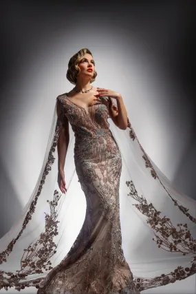 Beaded Floral Gown with Cape