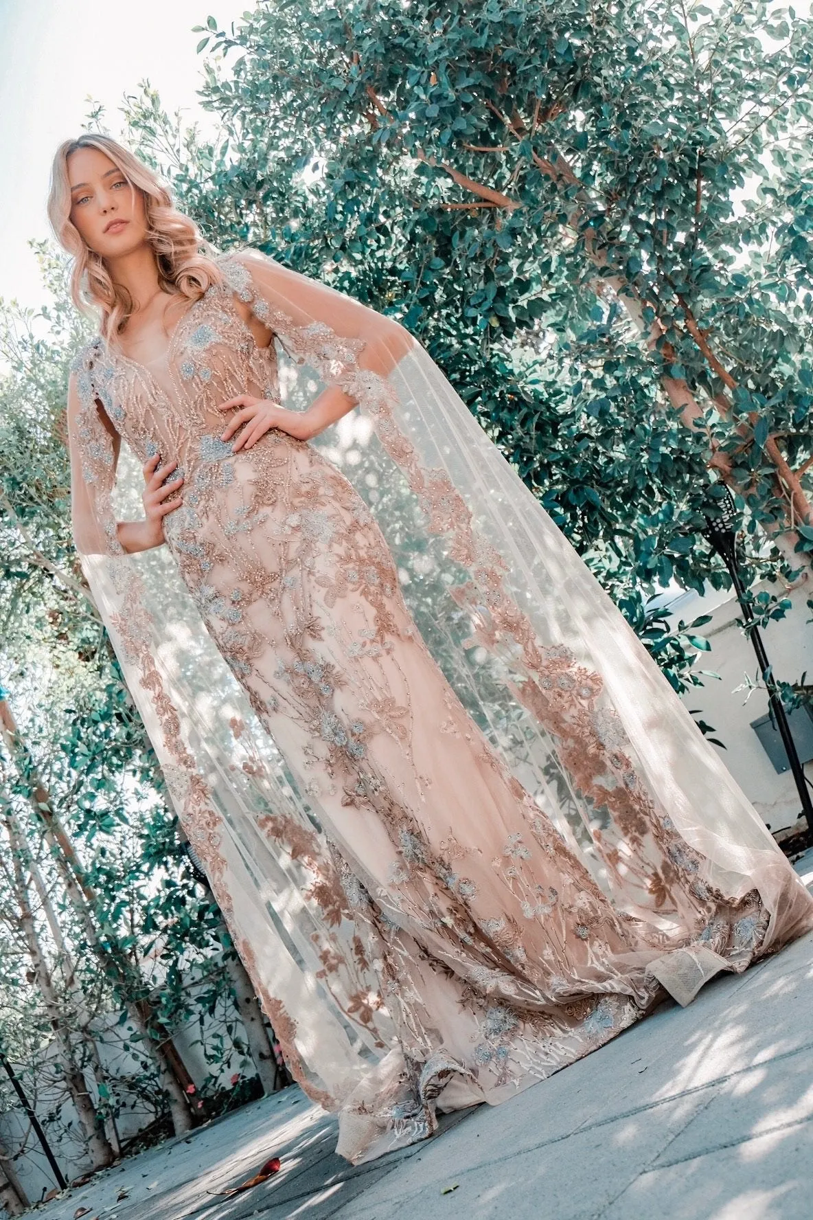 Beaded Floral Gown with Cape