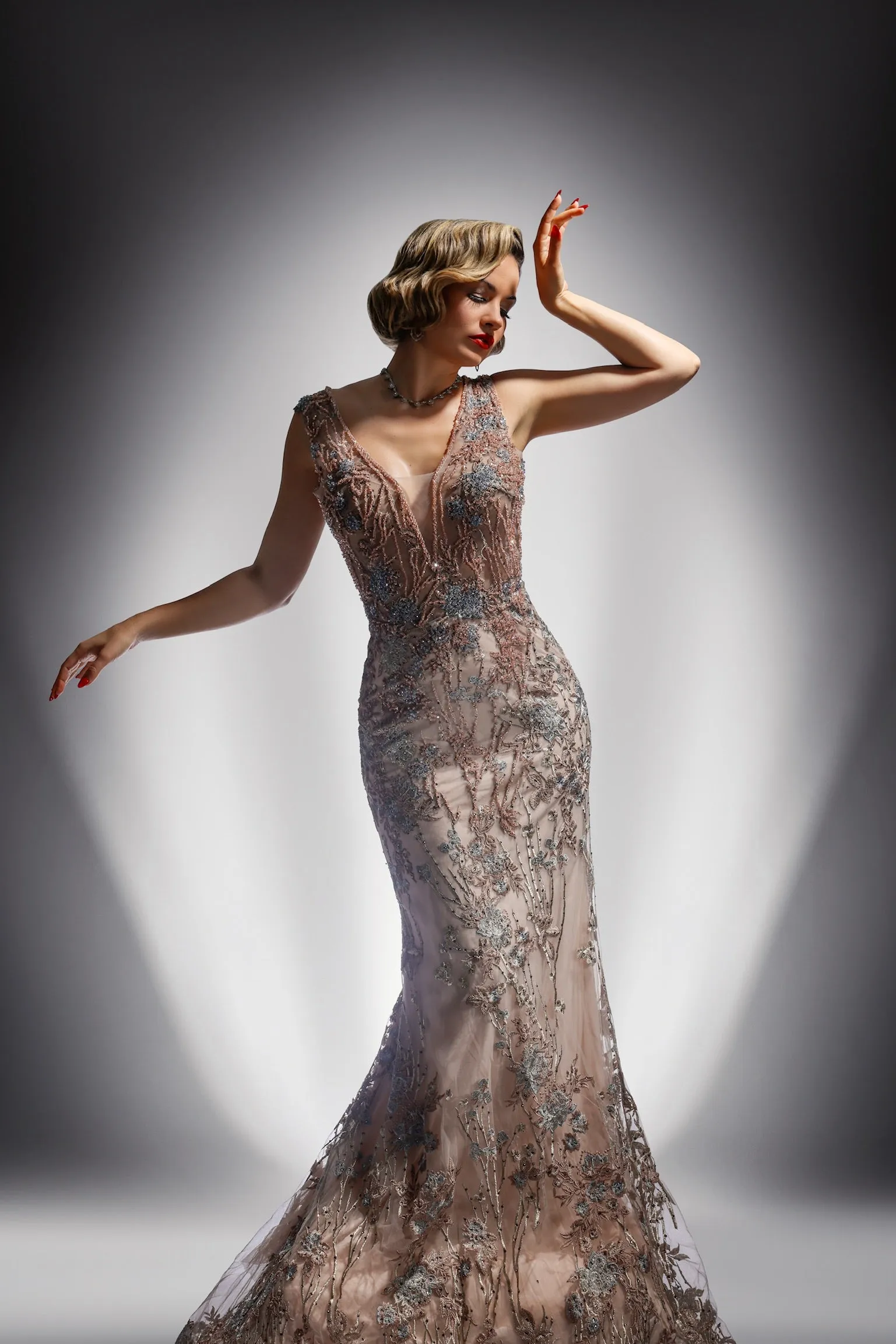 Beaded Floral Gown with Cape