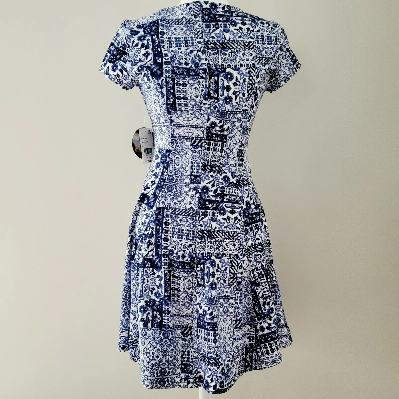 BeBop Blue White Paisley Patchwork Soft Jersey Fit N Flair Dress, Size XXS