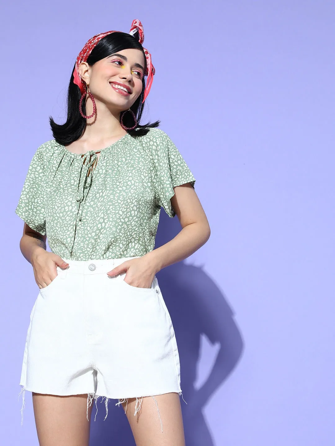 Berrylush Women Green & White Floral Printed Tie-Up Neck Flared Sleeves Crepe Regular Top