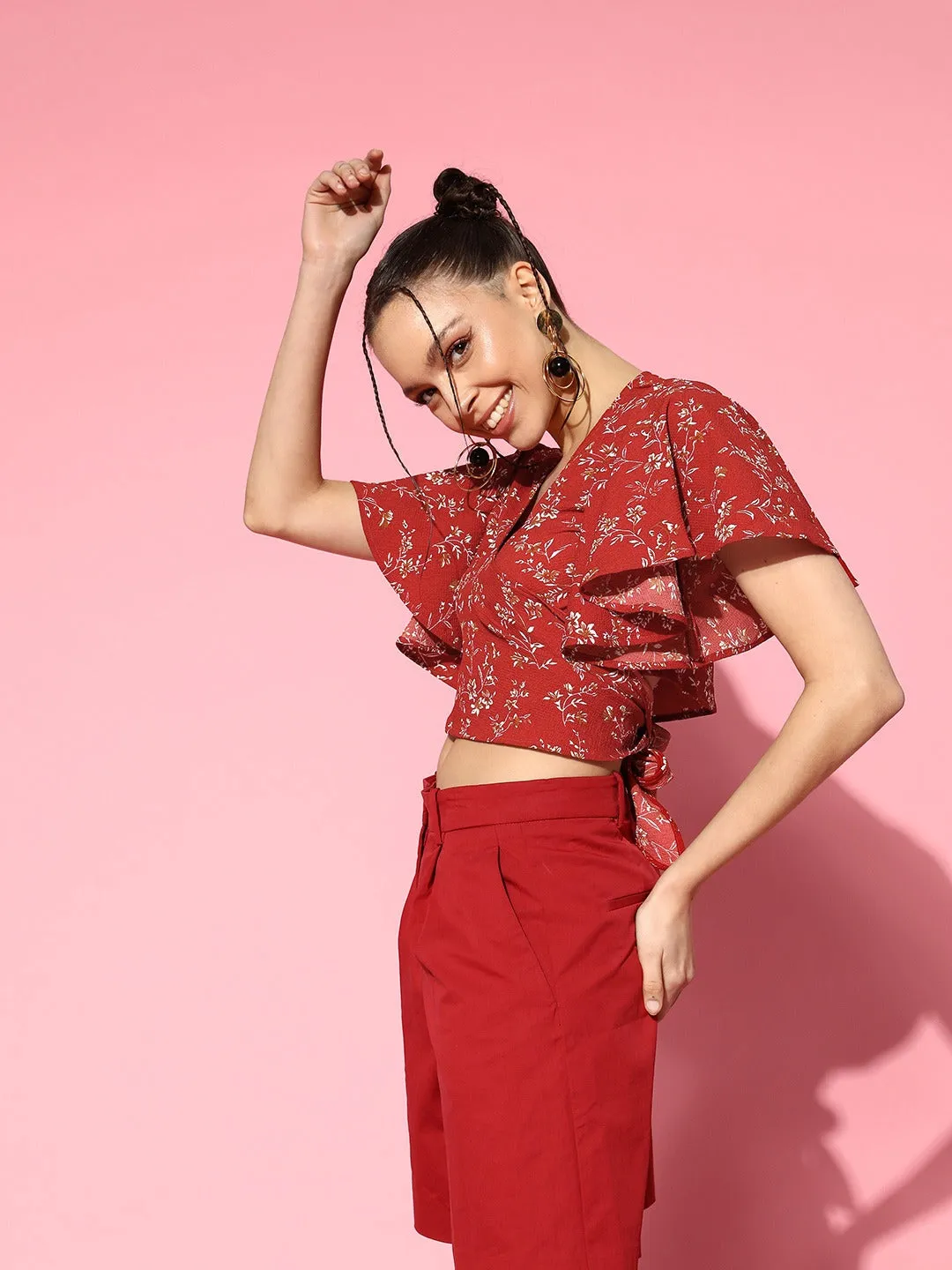 Berrylush Women Red & White Floral Printed V-Neck Flutter Sleeves Tie-Up Crepe Wrap Cropped Top
