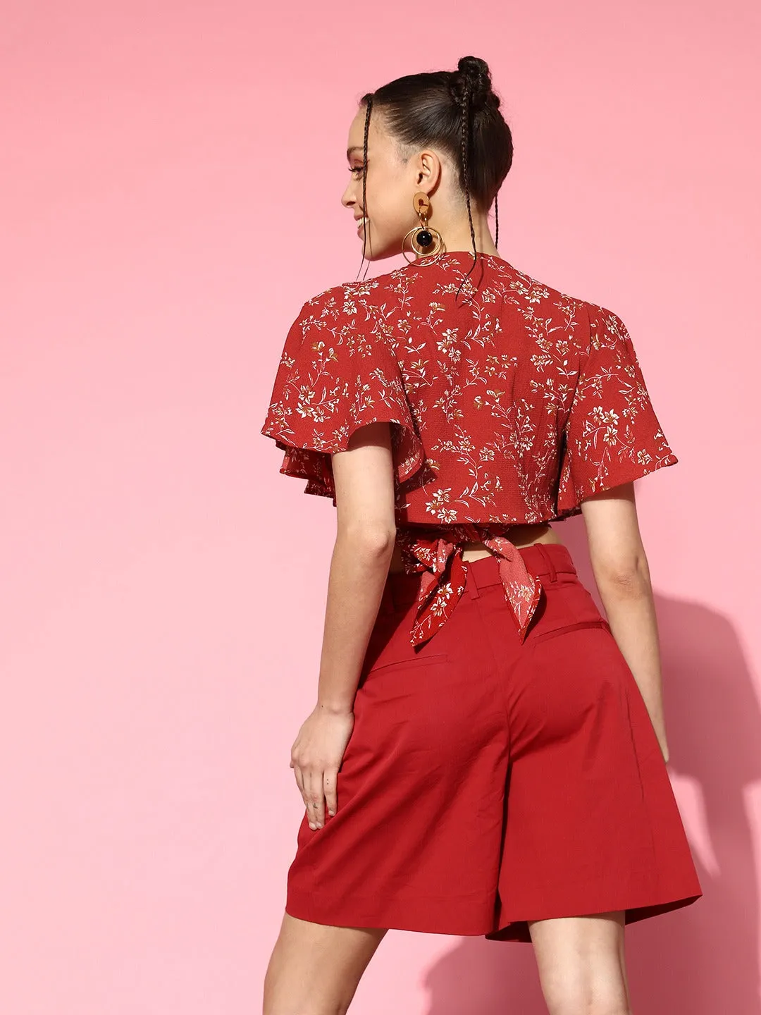 Berrylush Women Red & White Floral Printed V-Neck Flutter Sleeves Tie-Up Crepe Wrap Cropped Top