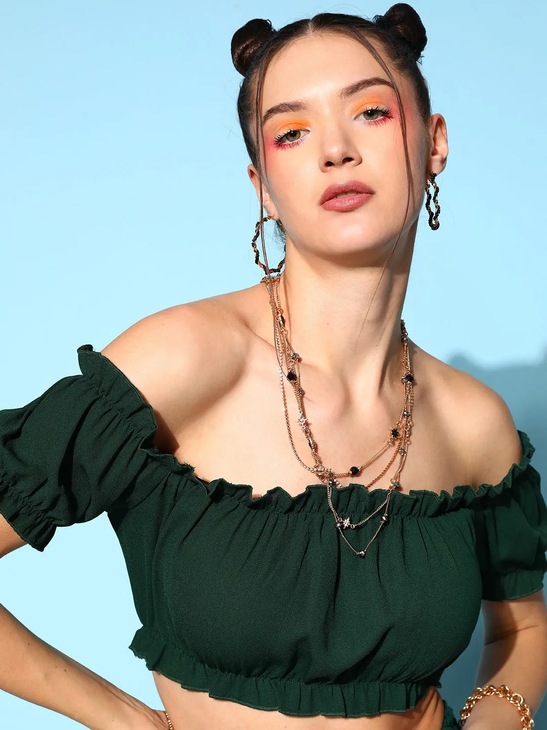 Berrylush Women Solid Green Off-Shoulder Neck Crop Top & Mini Shorts Co-Ord Set