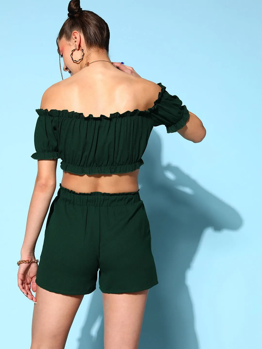 Berrylush Women Solid Green Off-Shoulder Neck Crop Top & Mini Shorts Co-Ord Set