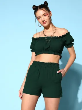 Berrylush Women Solid Green Off-Shoulder Neck Crop Top & Mini Shorts Co-Ord Set