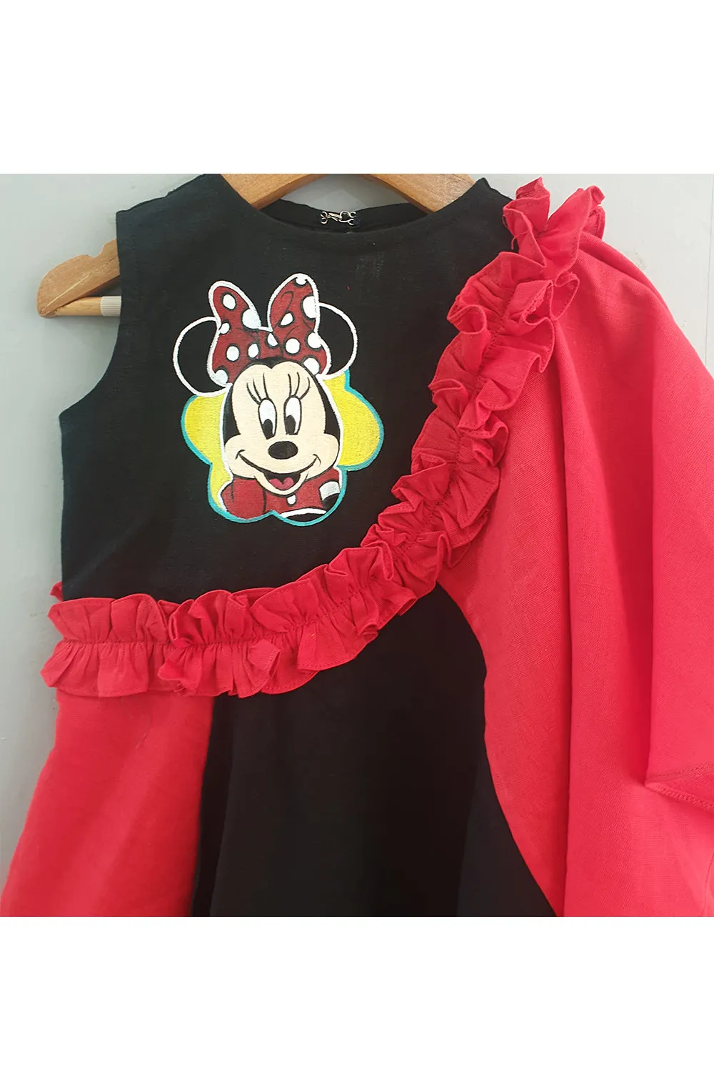 Black And Red Minnie Mouse Printed Dress With Attached Red Cape