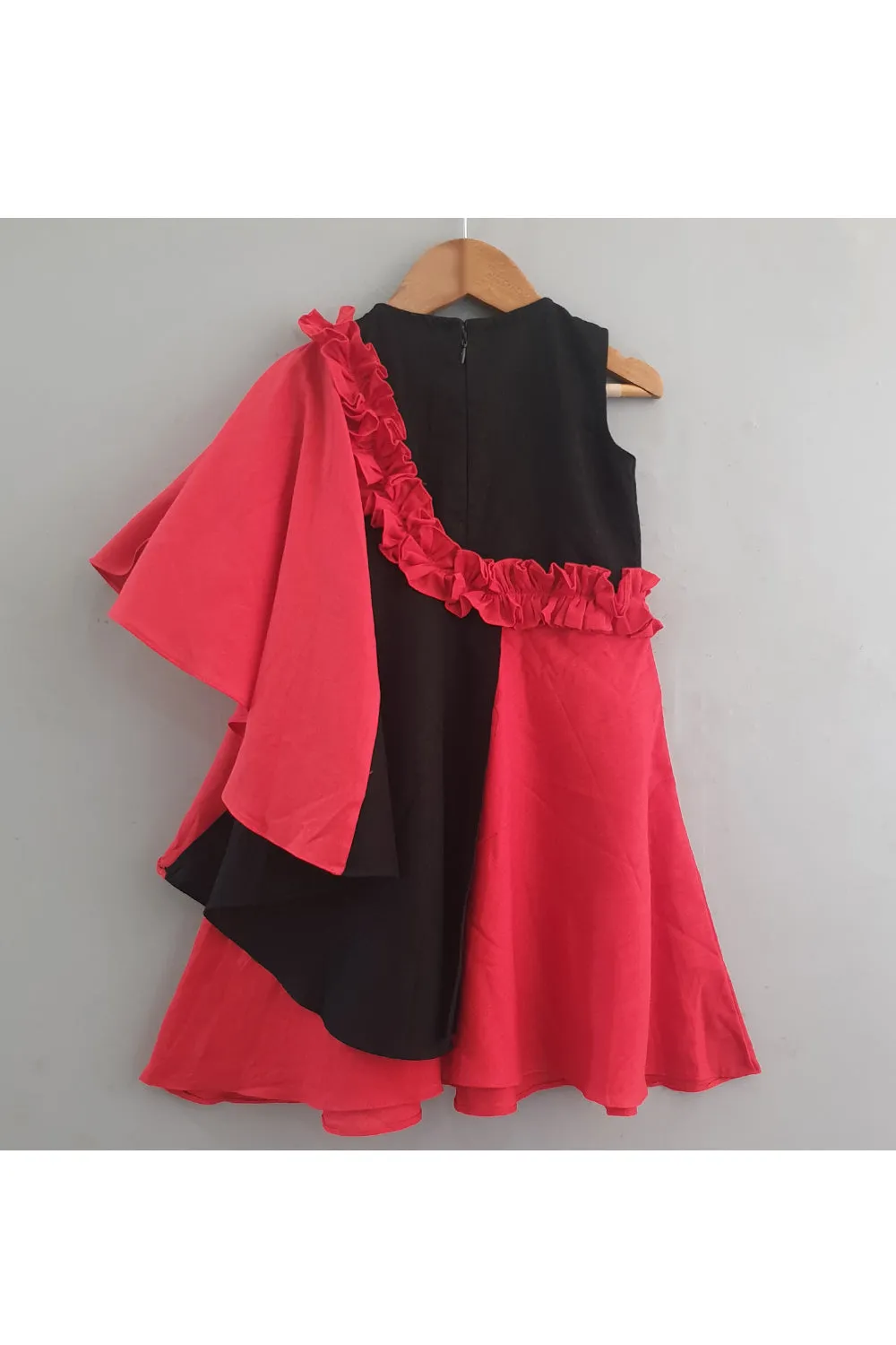Black And Red Minnie Mouse Printed Dress With Attached Red Cape