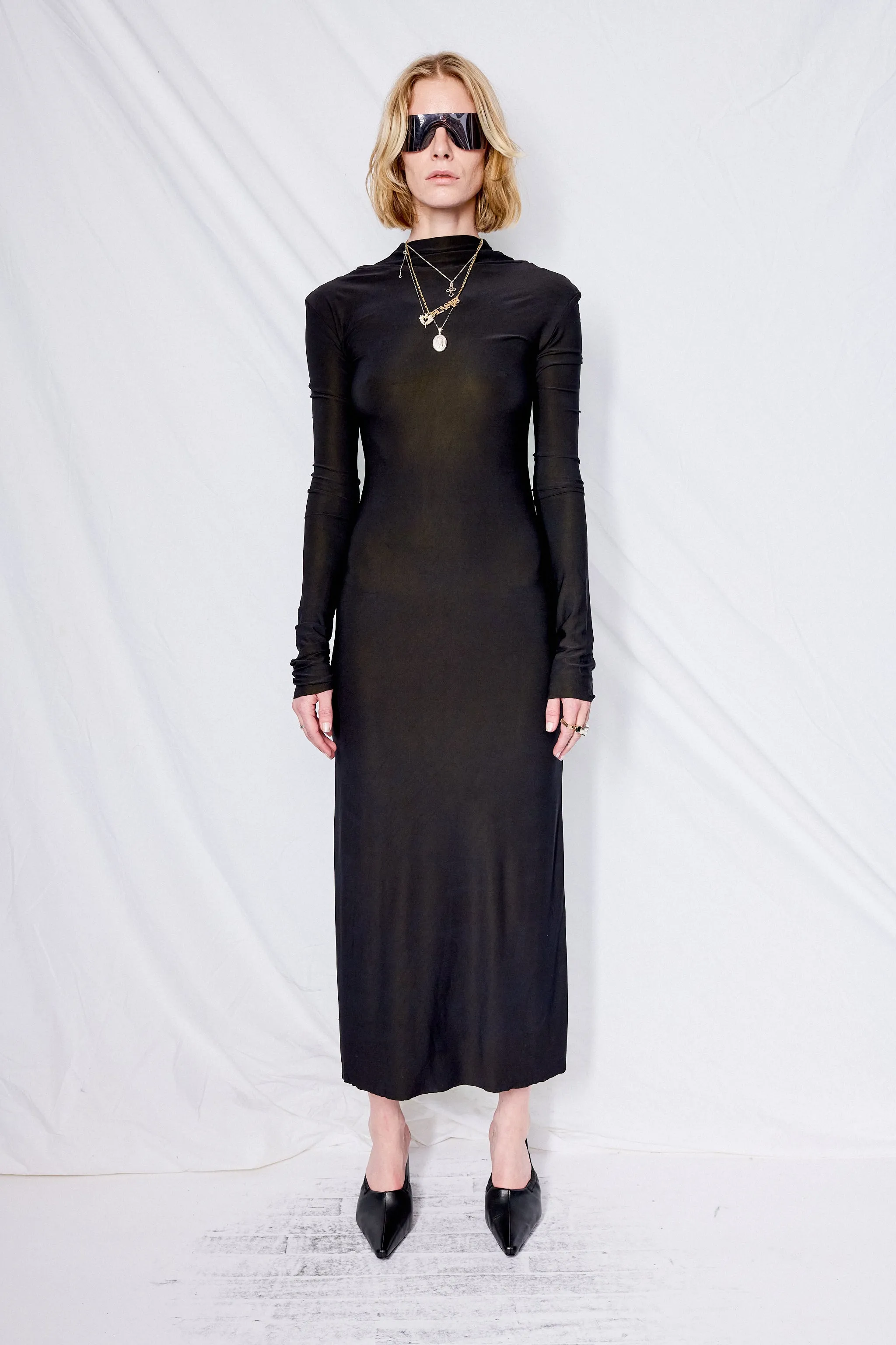 Black Overdyed Jersey Long Sleeve Maxi Dress