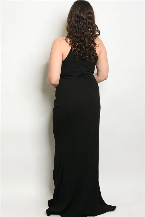 Black Plus Size Gown with Mesh Detail Mock Neckline