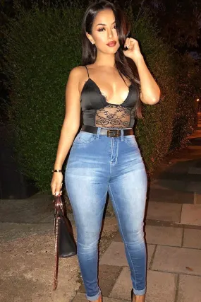 Black Silky Bodysuit with Lace Trims - Sandrie