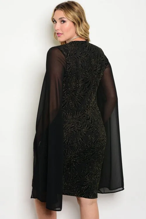 Black with Gold Sparkle Sheer Sleeve Bodycon Plus Size Cocktail Dress