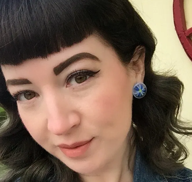 Blue and Clear Daisy Flower Disc Stud Earrings