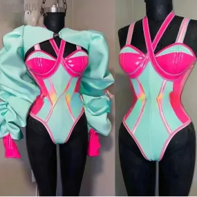 Blue Green Rose Red Pink Color Matching Sexy Bodysuit Exaggerat Bubble Sleeve Top Nightclub Bar Female Singer Dance Stage Outfit