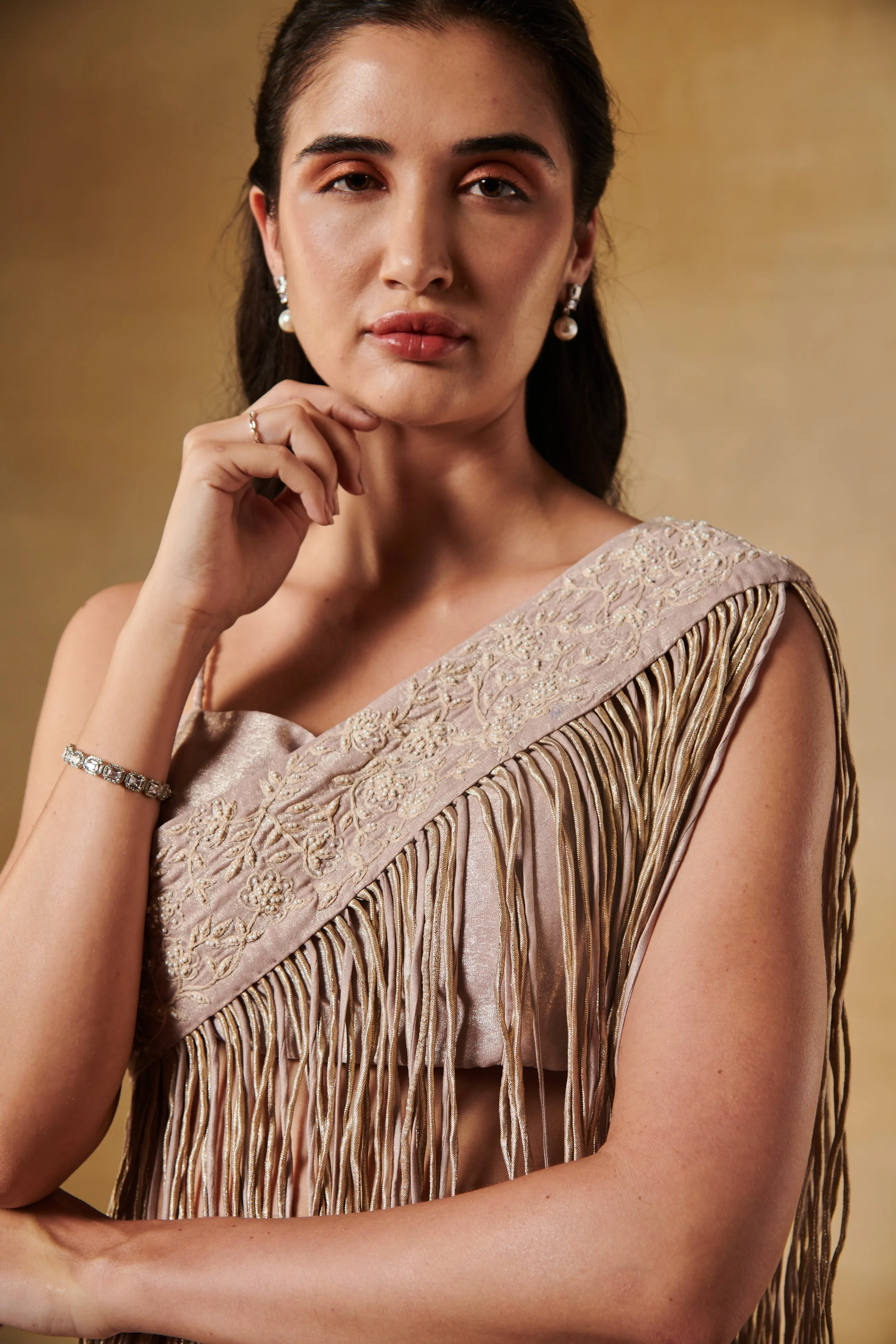Blush foil texture drape skirt set with long tassel one shoulder cape