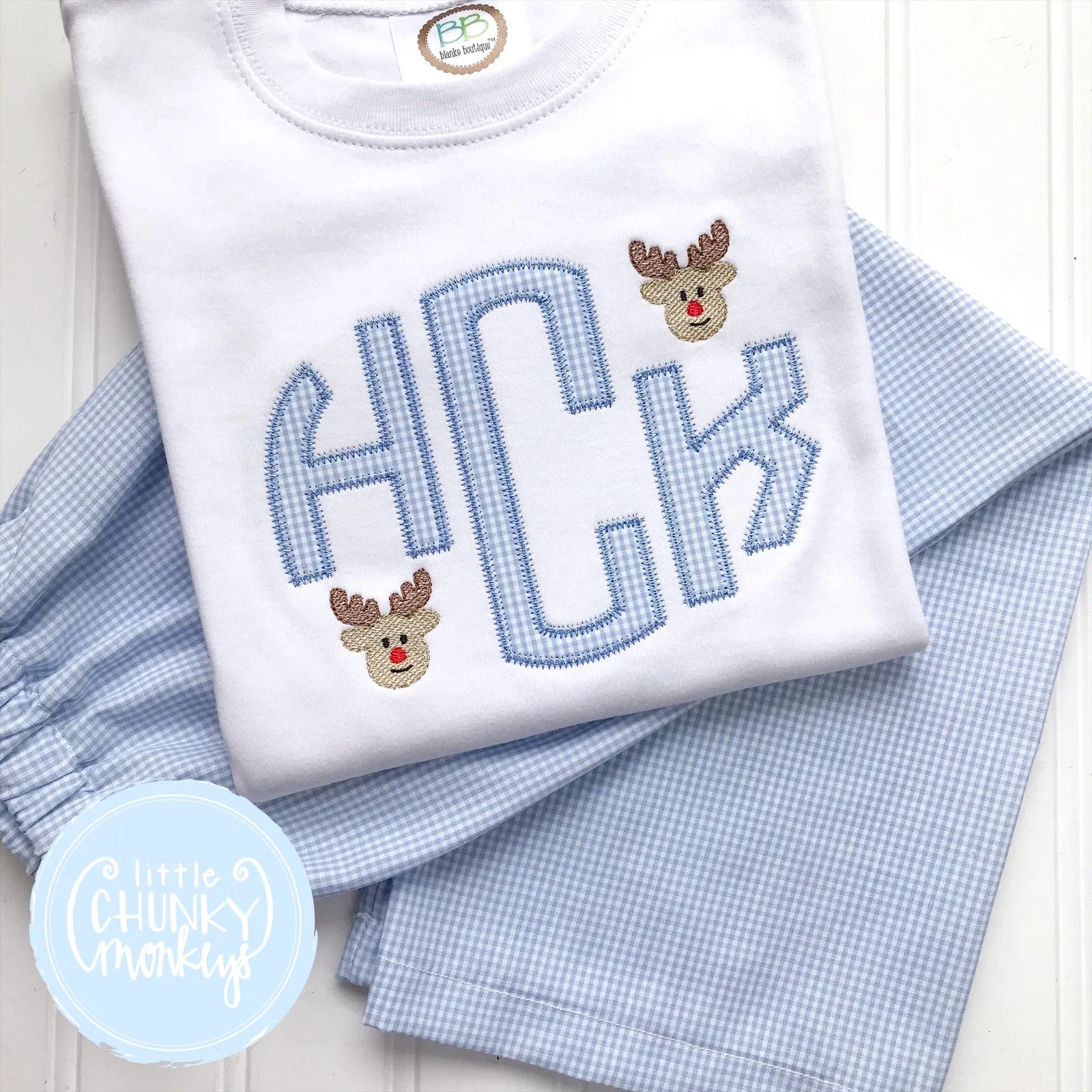 Boy Shirt -Applique Circle Monogram with Mini Reindeer