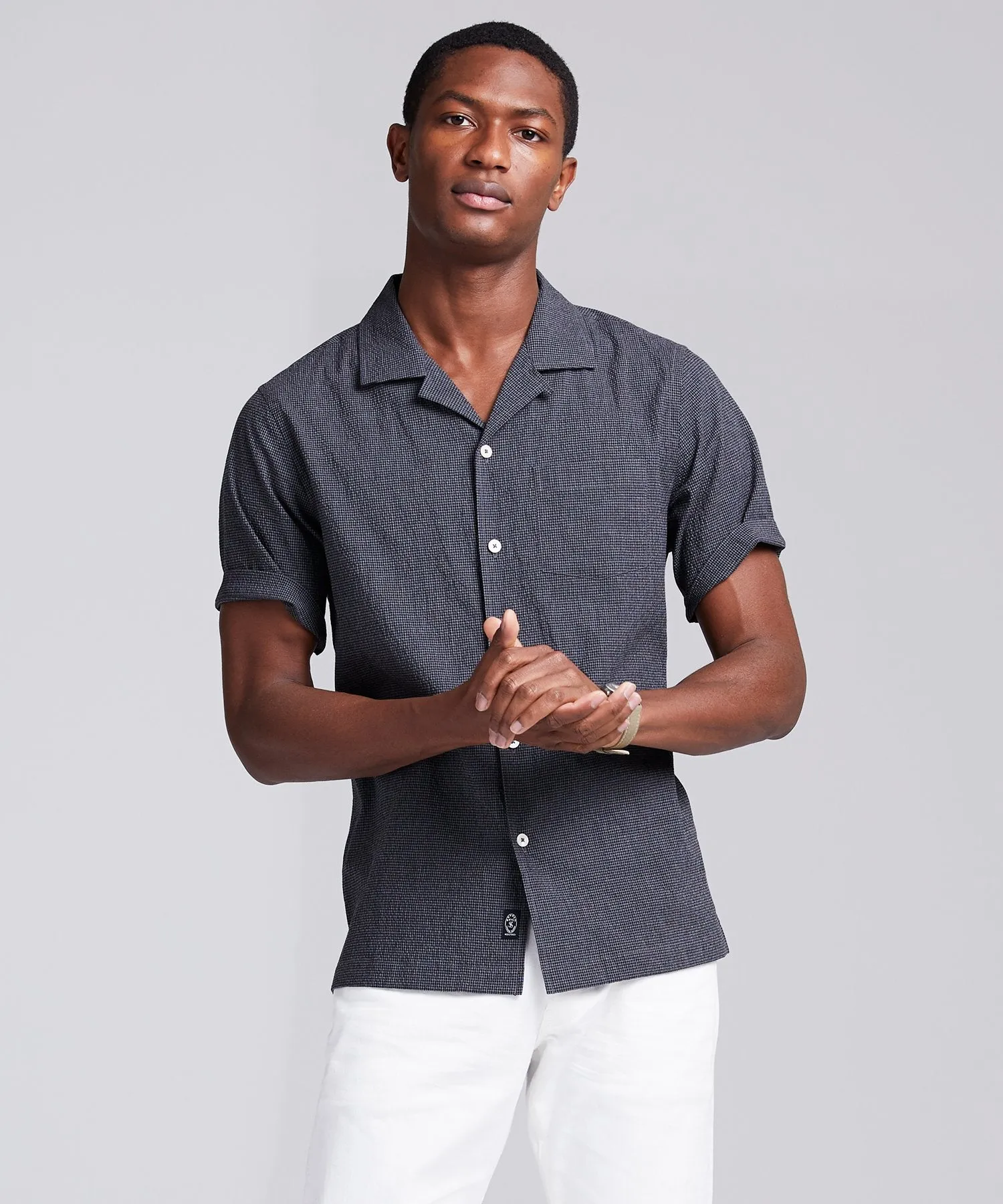 Camp Collar Gingham Seersucker Shirt in Charcoal