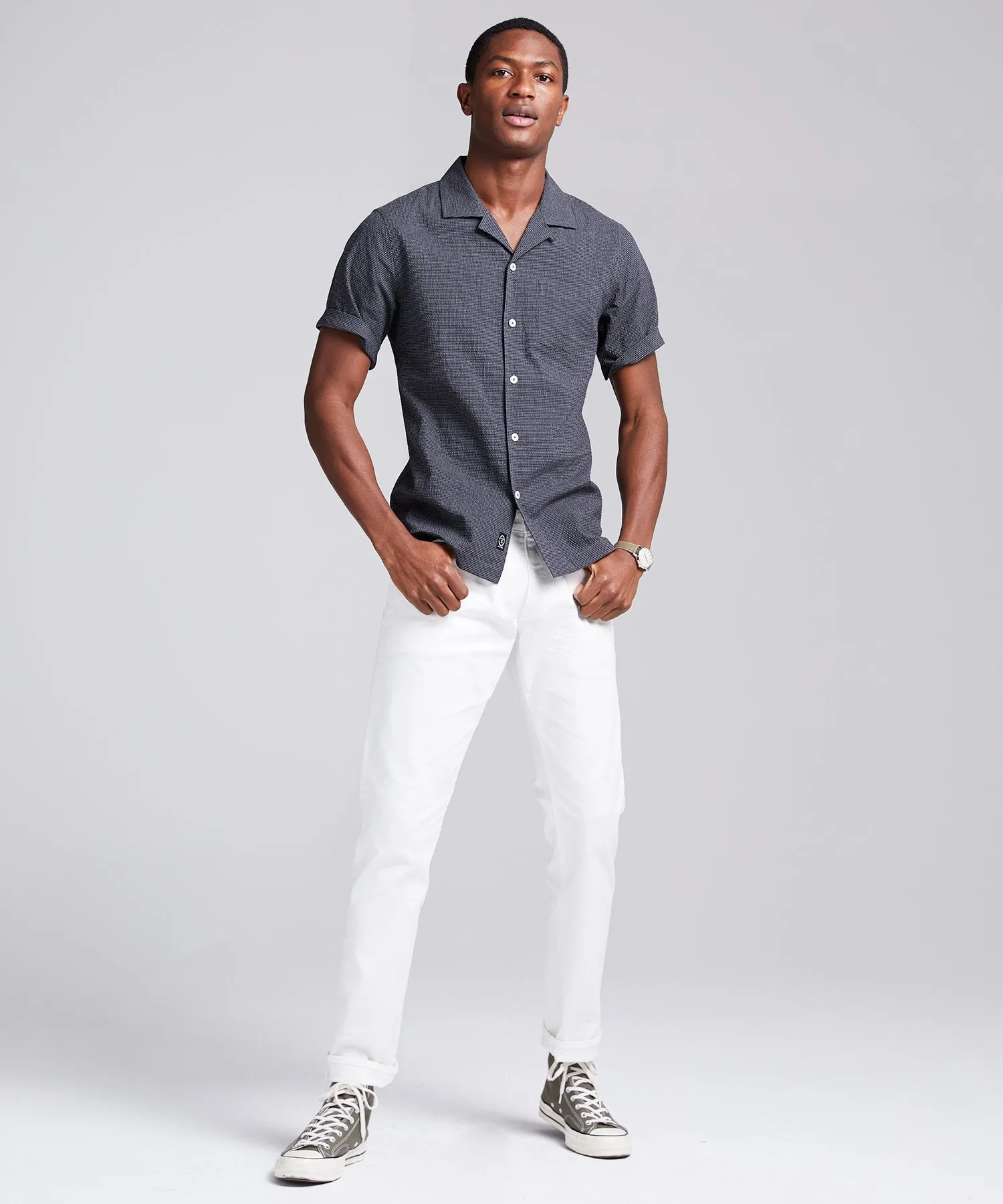 Camp Collar Gingham Seersucker Shirt in Charcoal