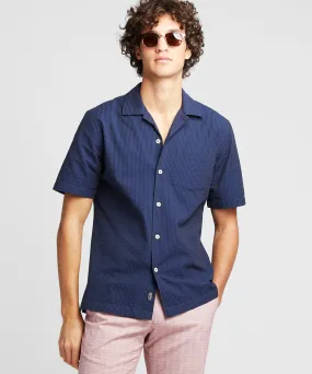 Camp Collar Seersucker Short Sleeve in Navy Black Stripe