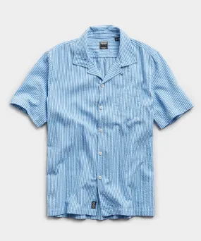 Camp Collar Seersucker Stripe Short Sleeve Shirt in Light Blue