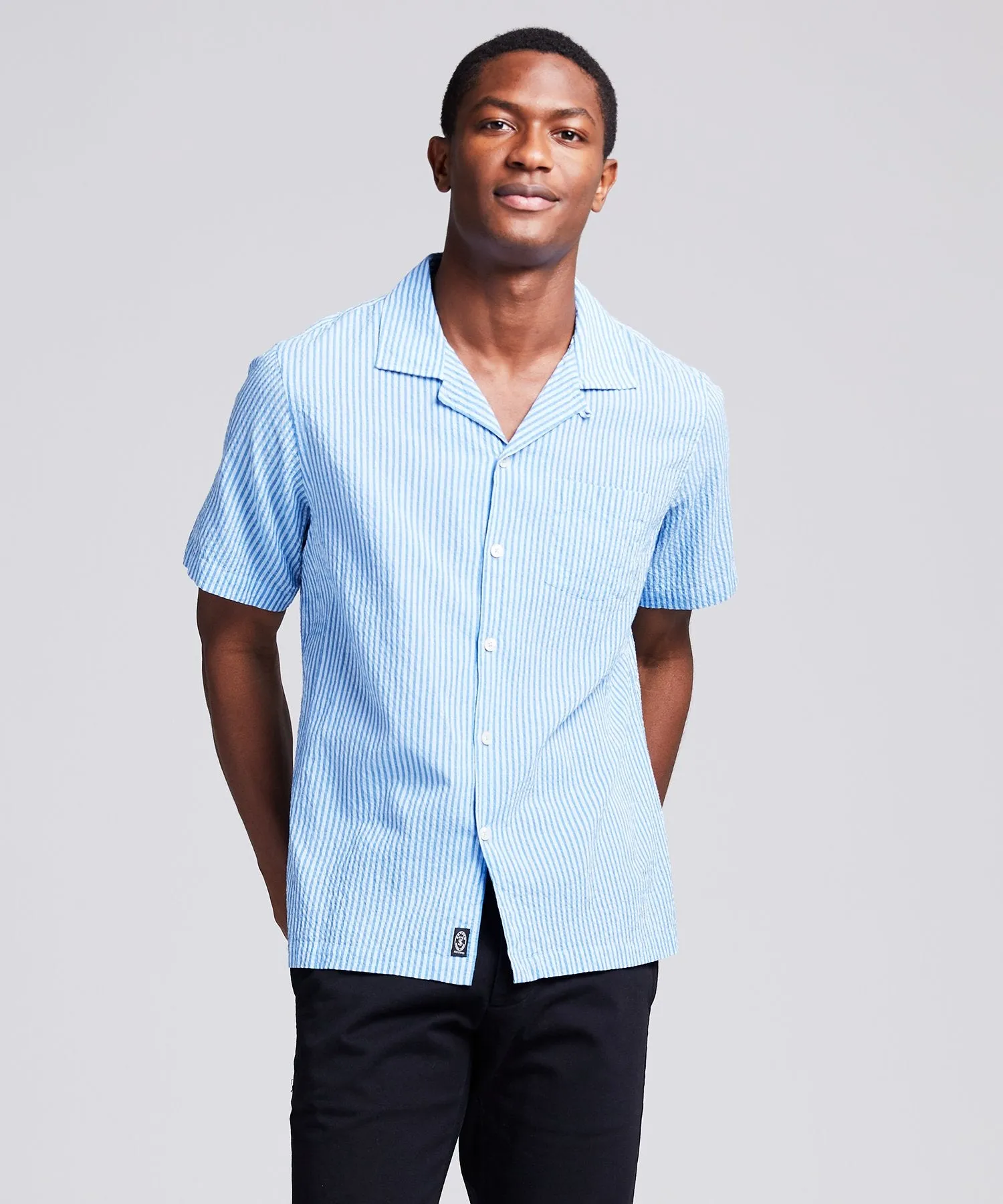 Camp Collar Seersucker Stripe Short Sleeve Shirt in Light Blue