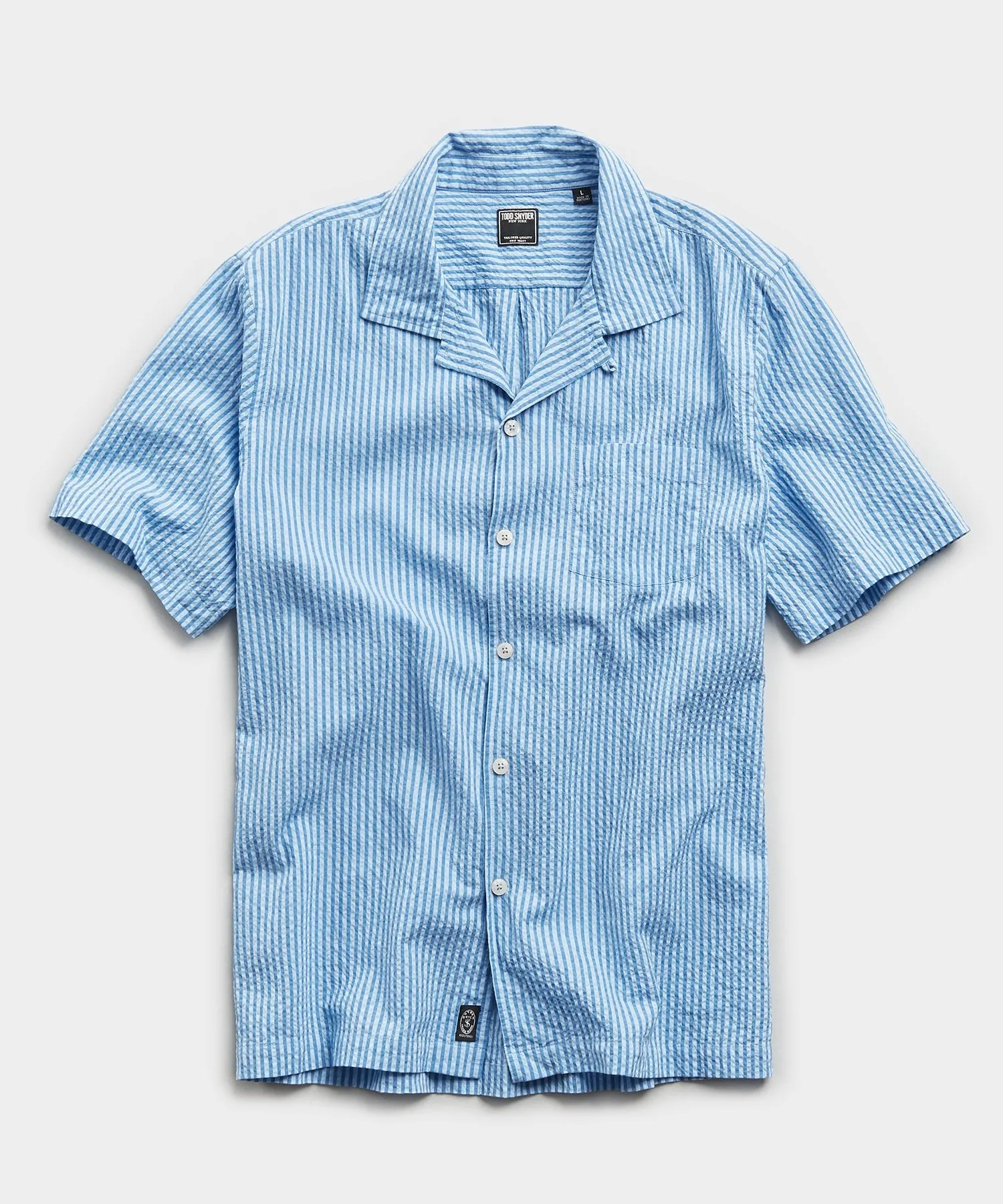 Camp Collar Seersucker Stripe Short Sleeve Shirt in Light Blue
