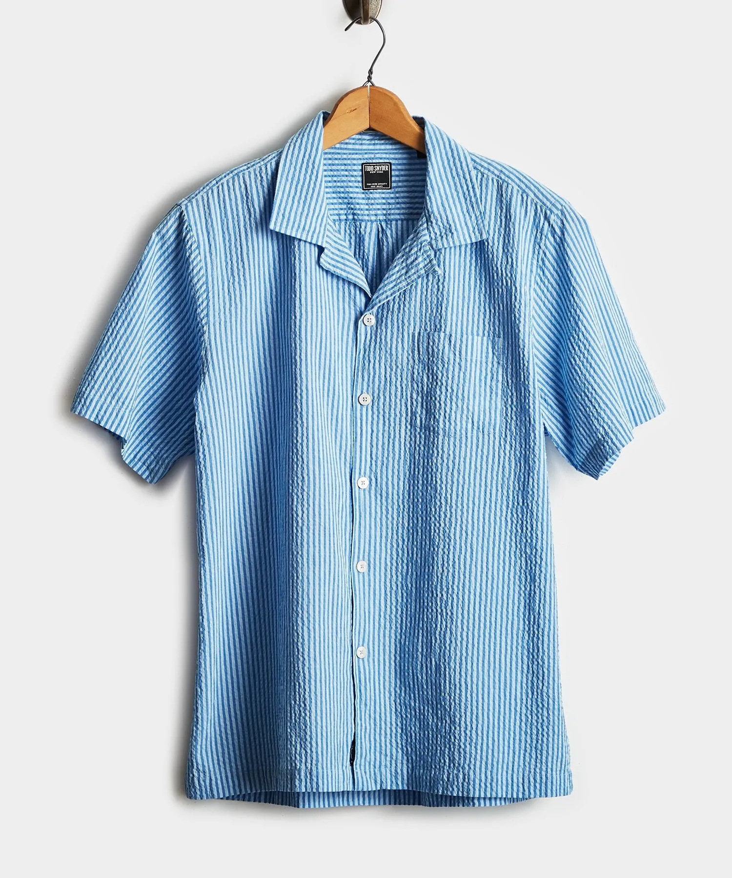 Camp Collar Seersucker Stripe Short Sleeve Shirt in Light Blue