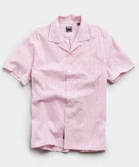Camp Collar Seersucker Stripe Short Sleeve Shirt in Pink