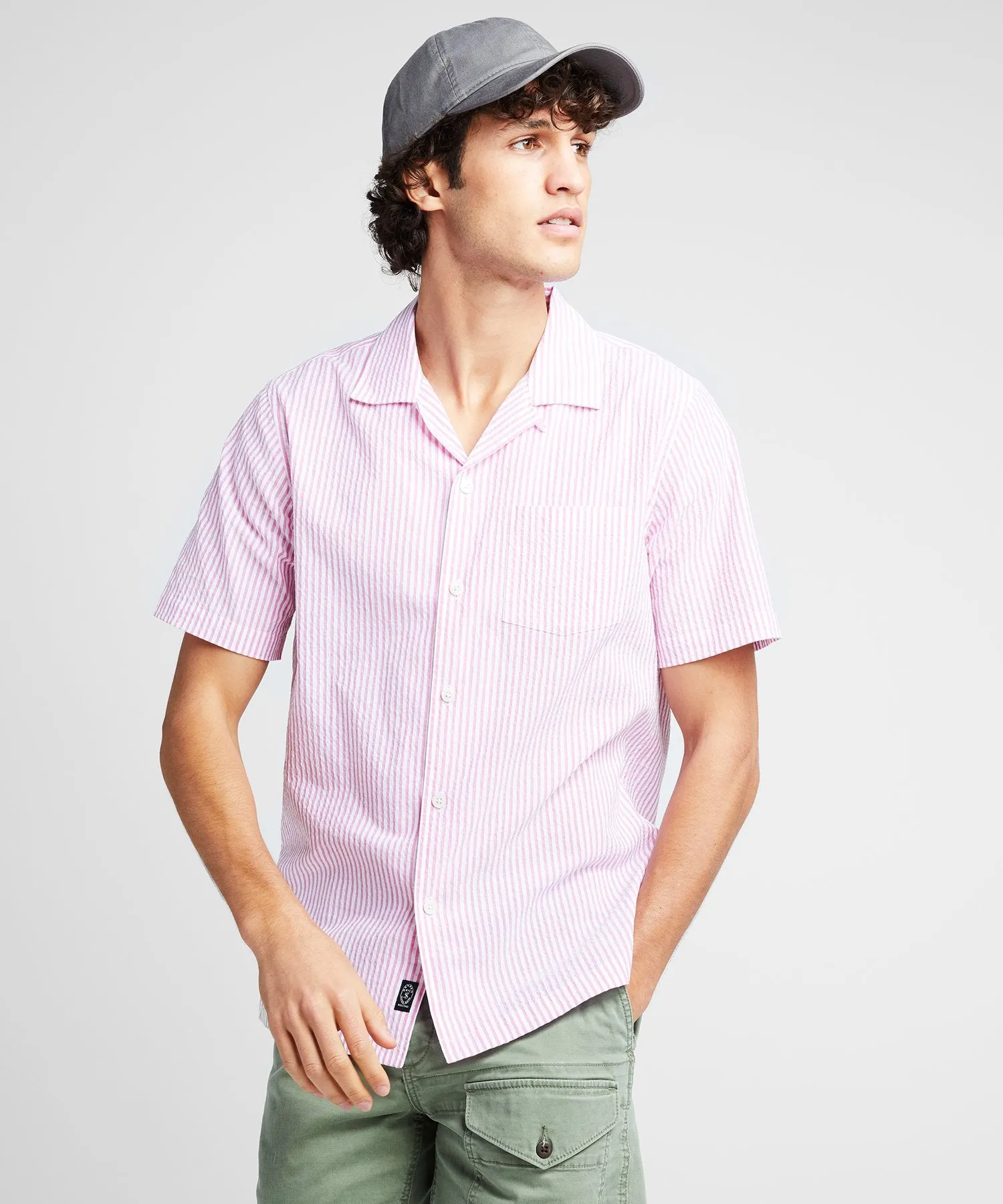 Camp Collar Seersucker Stripe Short Sleeve Shirt in Pink