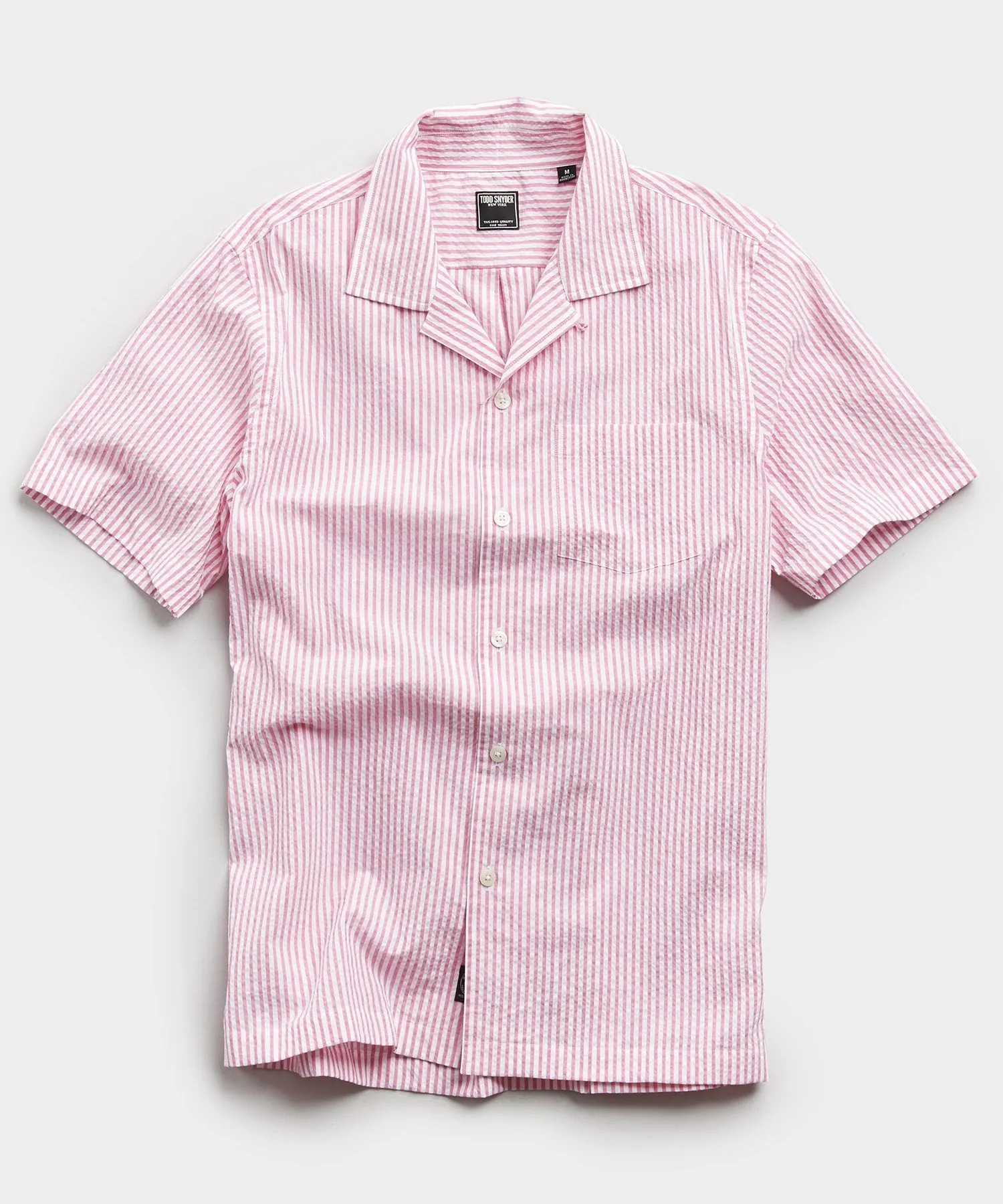 Camp Collar Seersucker Stripe Short Sleeve Shirt in Pink
