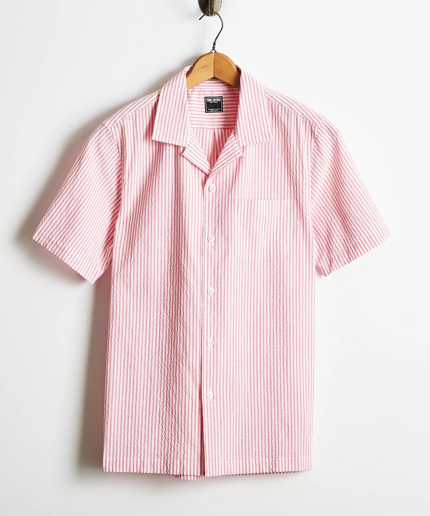 Camp Collar Seersucker Stripe Short Sleeve Shirt in Pink