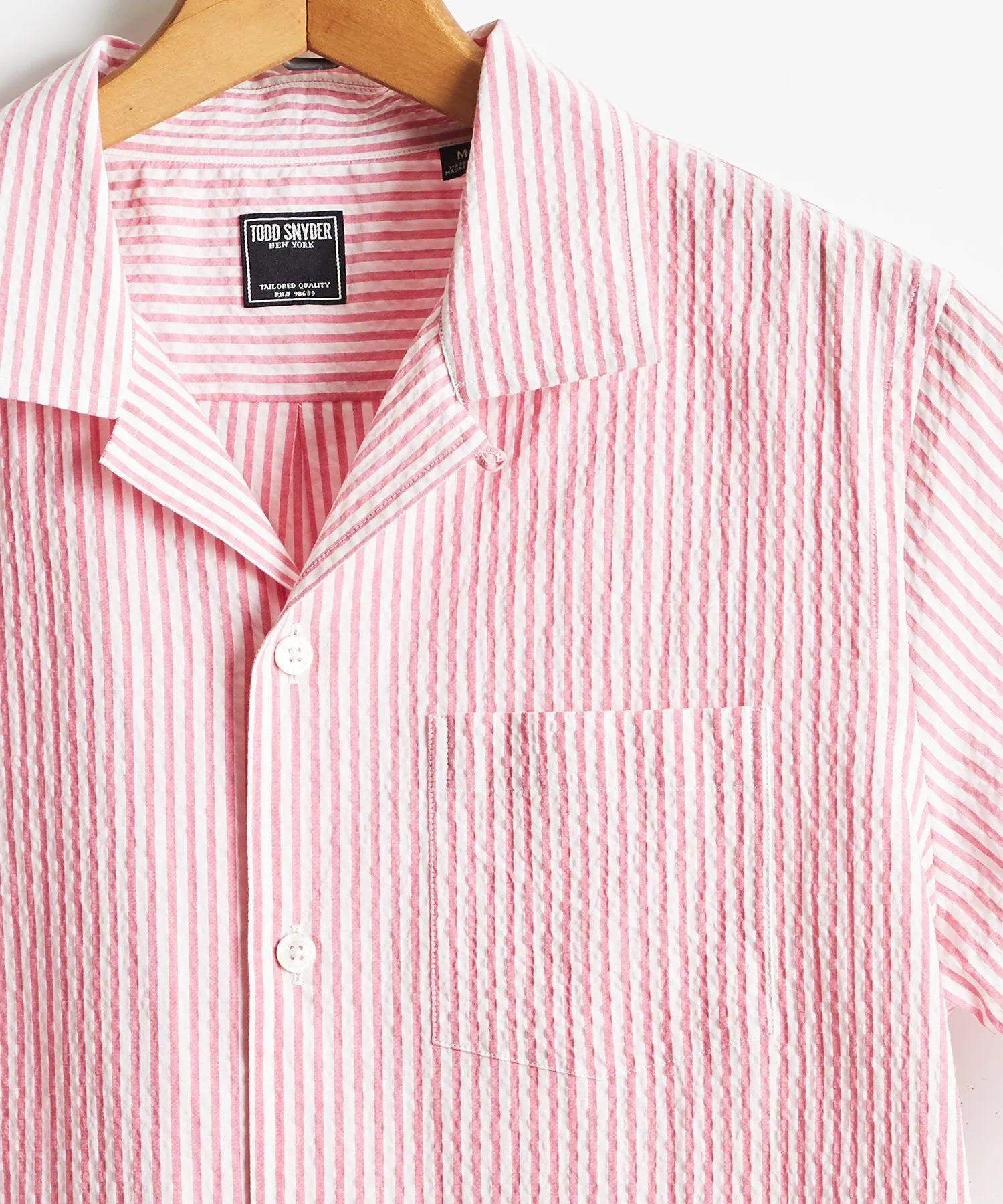 Camp Collar Seersucker Stripe Short Sleeve Shirt in Pink