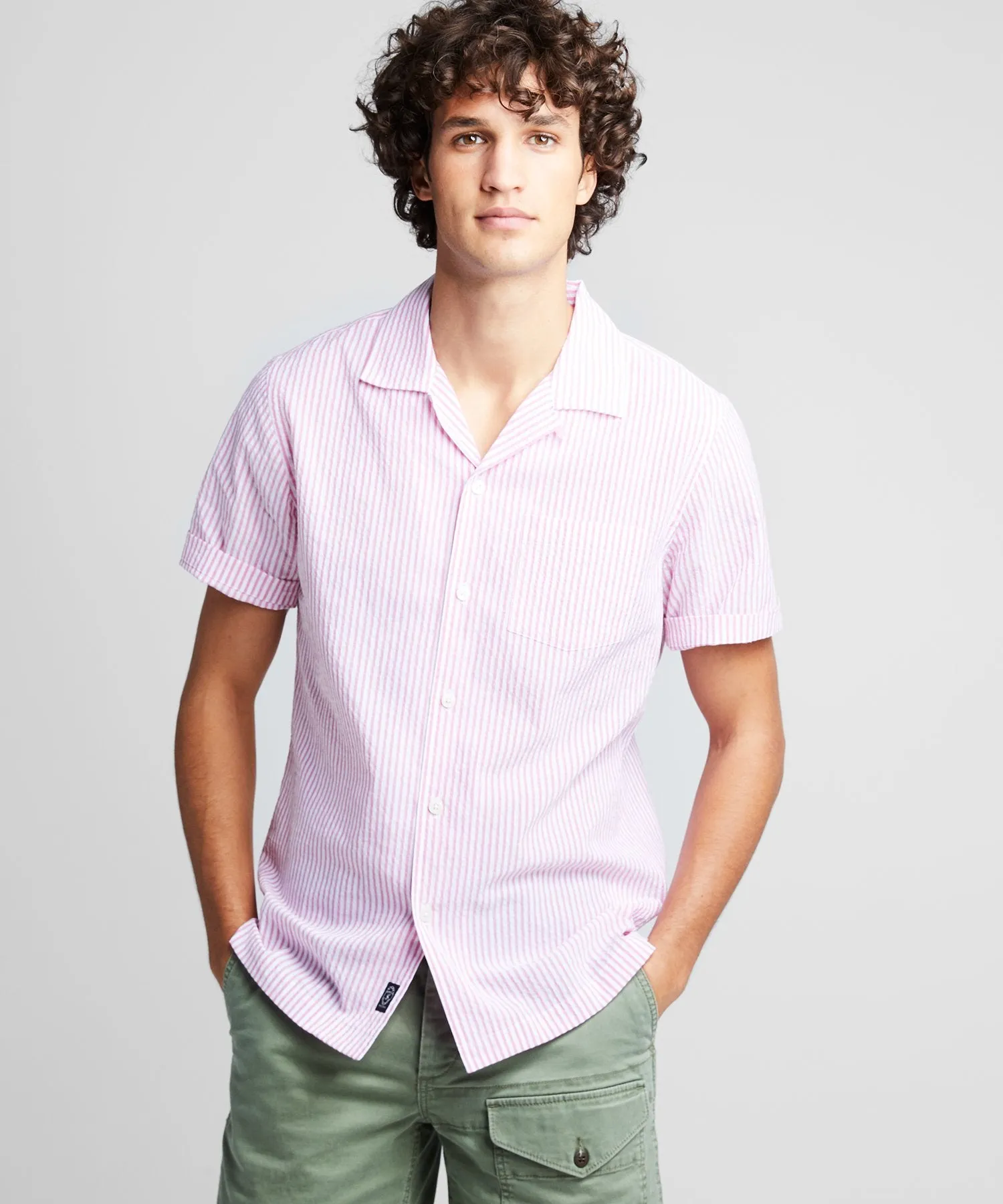Camp Collar Seersucker Stripe Short Sleeve Shirt in Pink