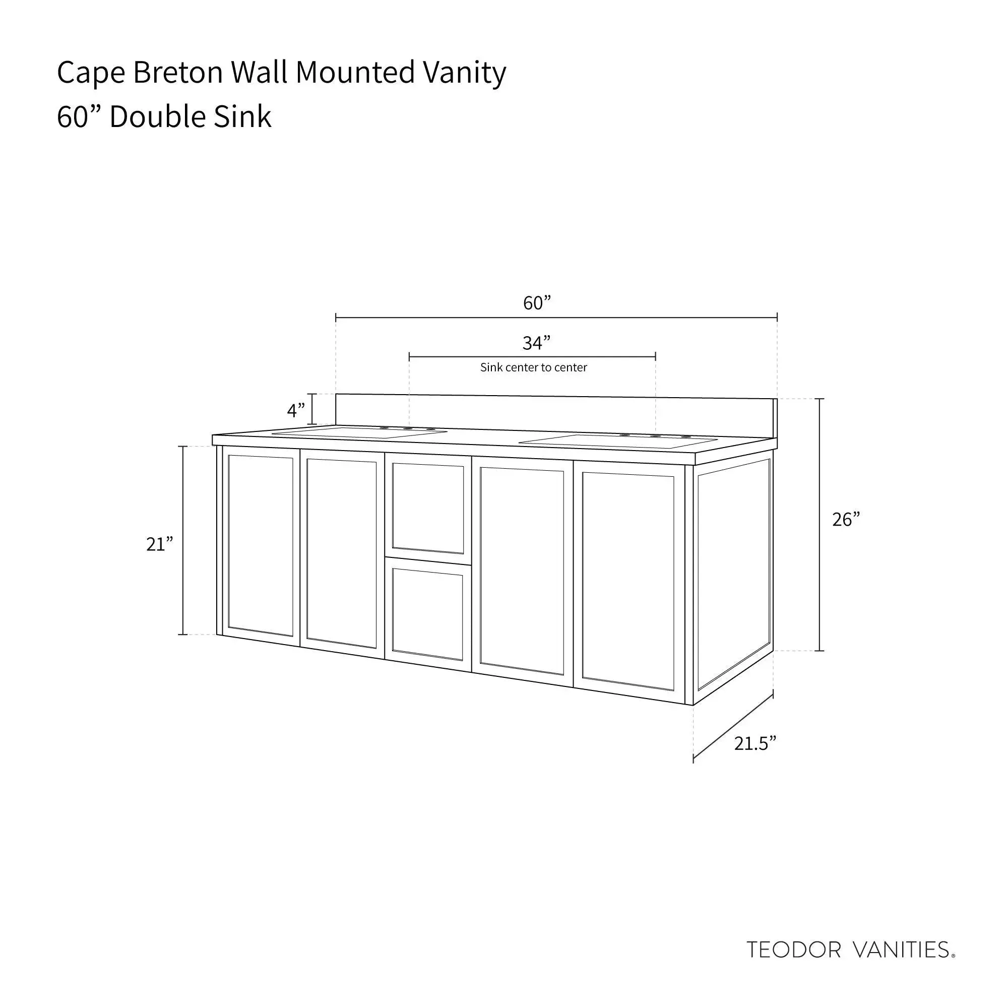 Cape Breton 60" Wall Mount Satin White Bathroom Vanity, Double Sink