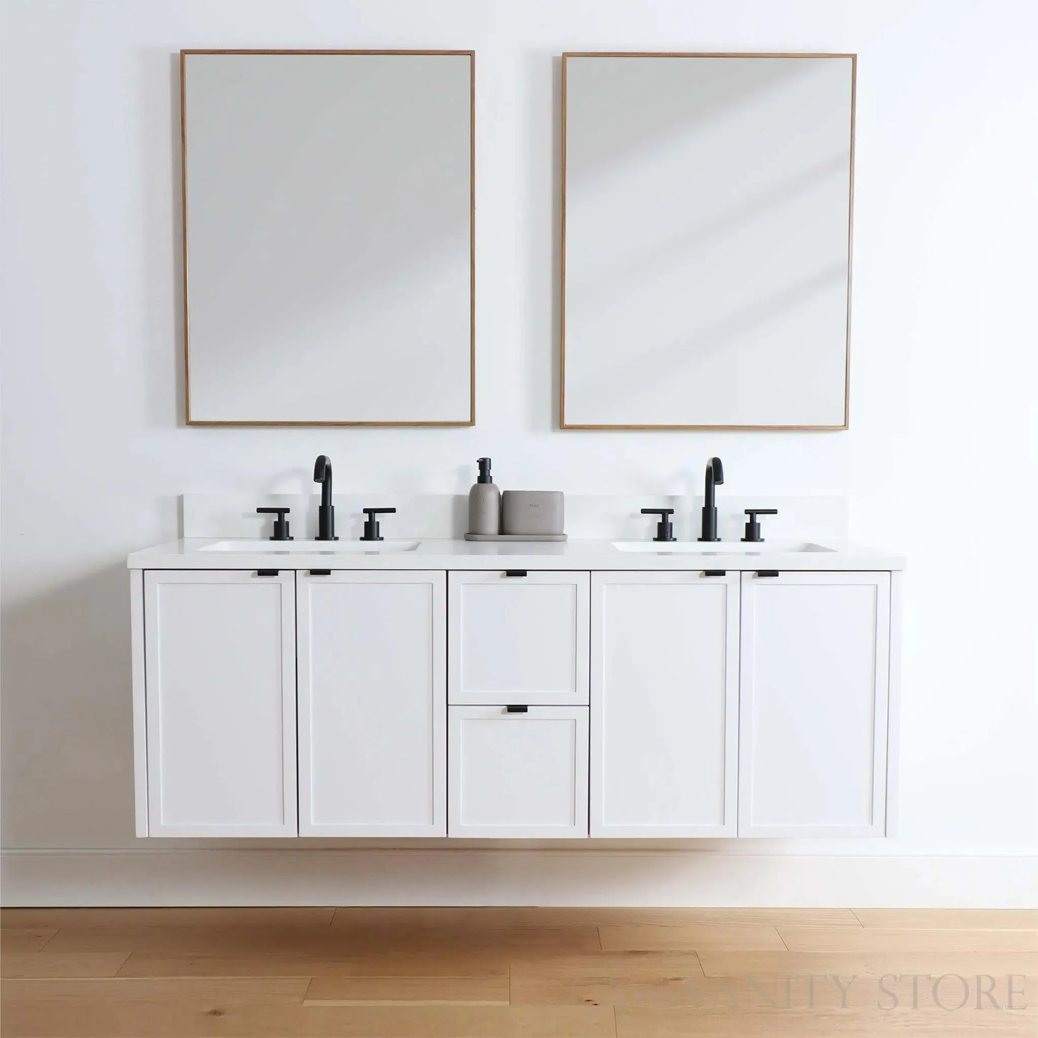 Cape Breton 60" Wall Mount Satin White Bathroom Vanity, Double Sink