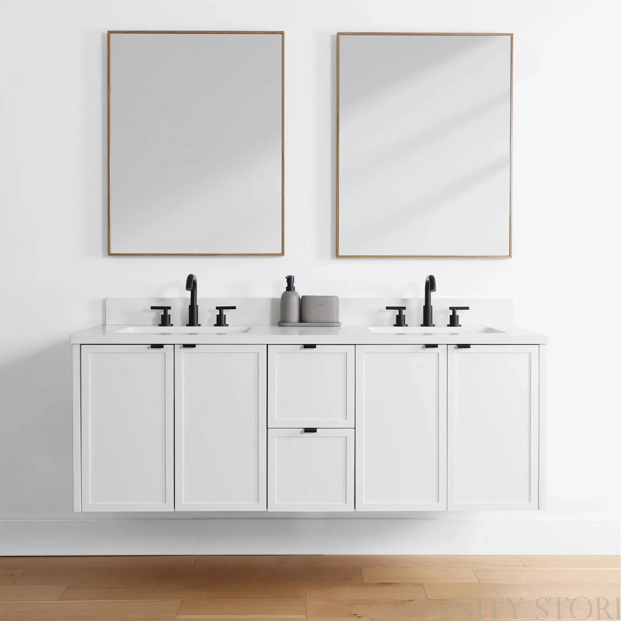 Cape Breton 60" Wall Mount Satin White Bathroom Vanity, Double Sink