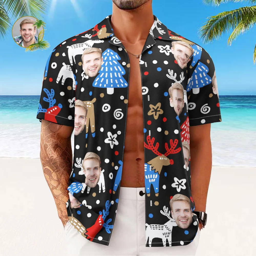 Custom Face Hawaiian Shirts Personalised Photo Gift Men's Christmas Shirts Christmas Reindeer