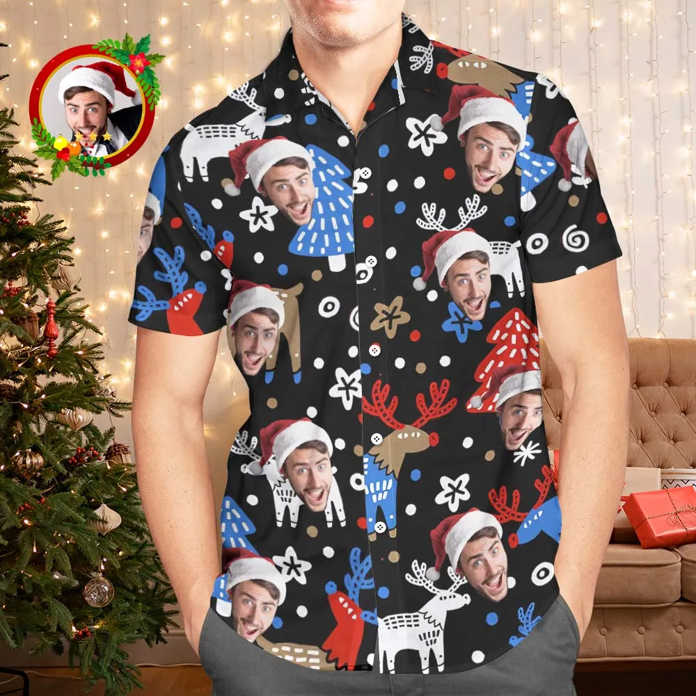 Custom Face Hawaiian Shirts Personalised Photo Gift Men's Christmas Shirts Christmas Reindeer
