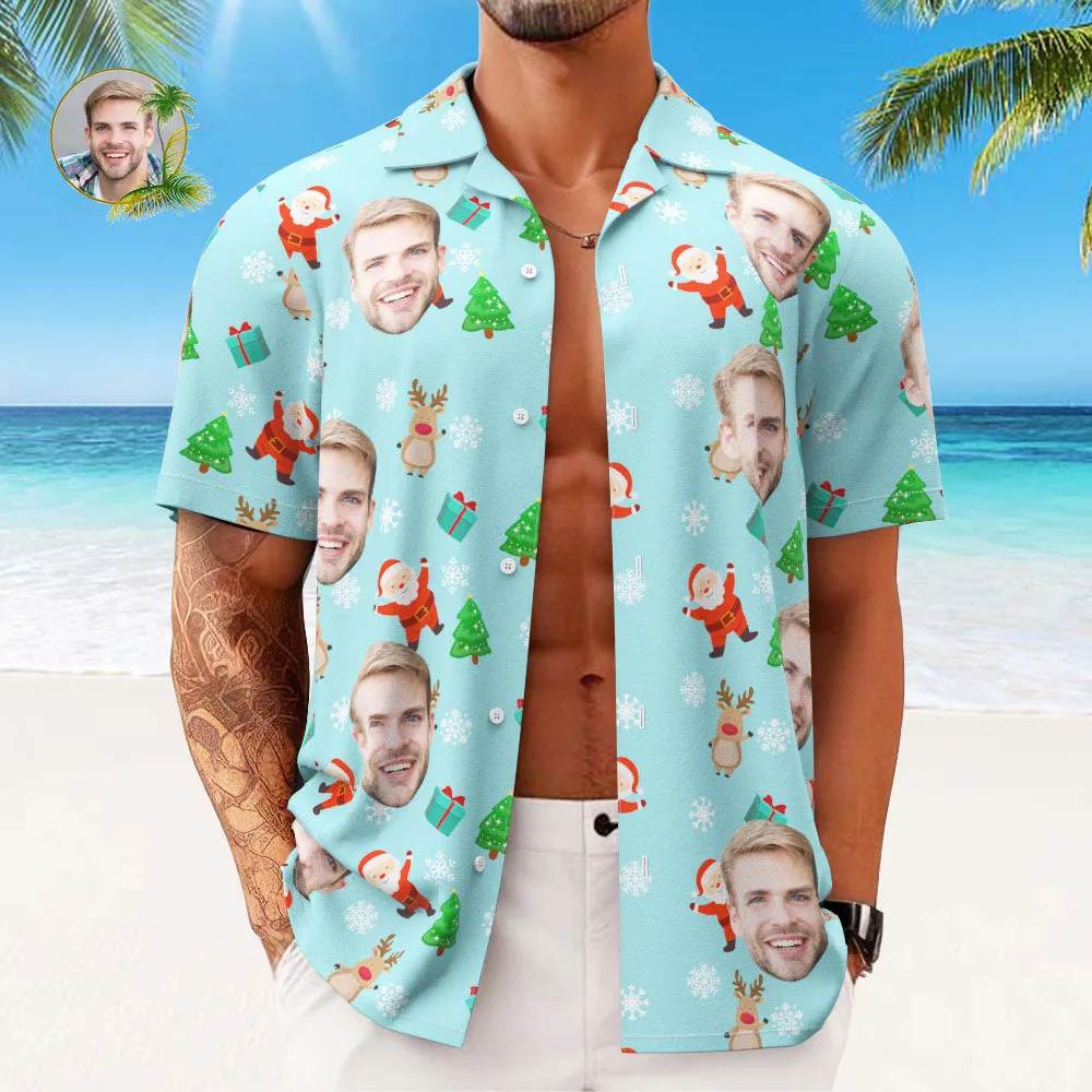 Custom Face Hawaiian Shirts Personalised Photo Gift Men's Christmas Shirts Cute Santa Claus and Reindeer