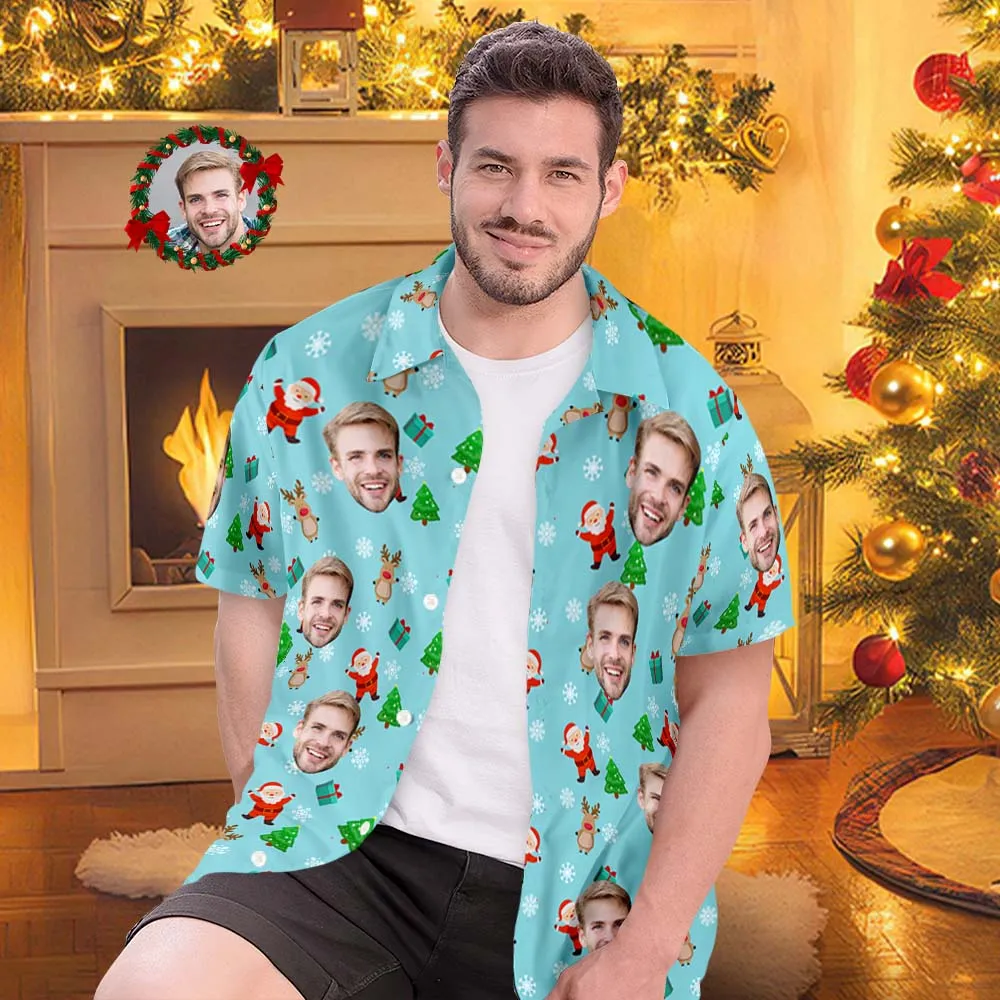 Custom Face Hawaiian Shirts Personalised Photo Gift Men's Christmas Shirts Cute Santa Claus and Reindeer