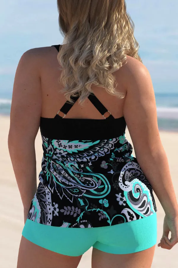 Cyan Plus Size Paisley Print Cross Strap Tankini Set
