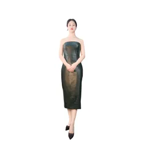 D339 Women croc embossed faux-leather strapless tight fit tube dress