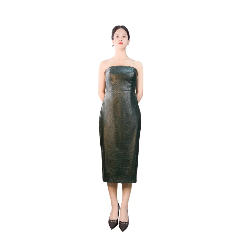 D339 Women croc embossed faux-leather strapless tight fit tube dress