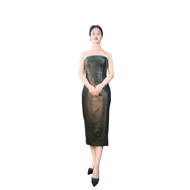 D339 Women croc embossed faux-leather strapless tight fit tube dress